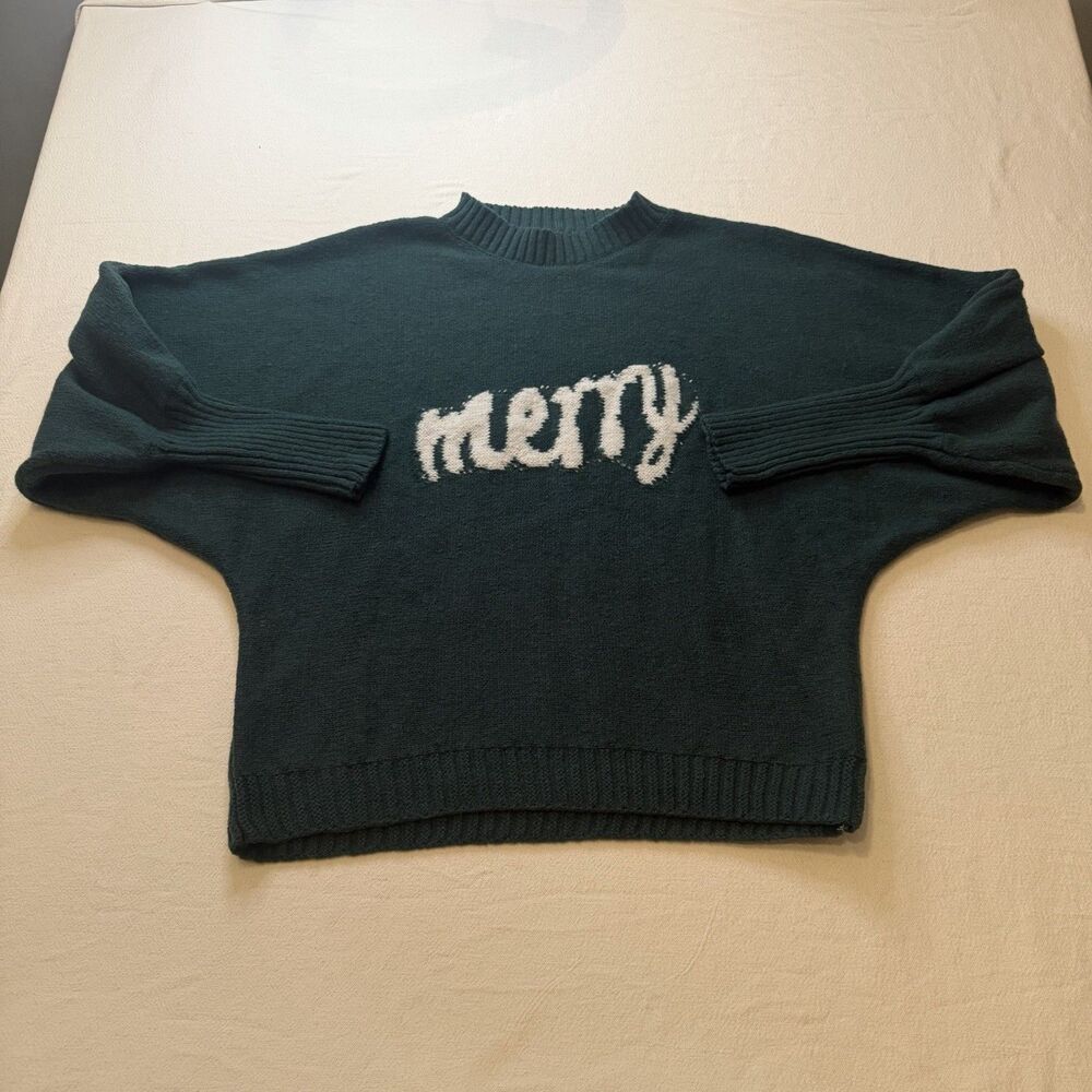 Shein "Merry" Christmas Green White Crew Neck Knit Pullover Sweater Women's XL